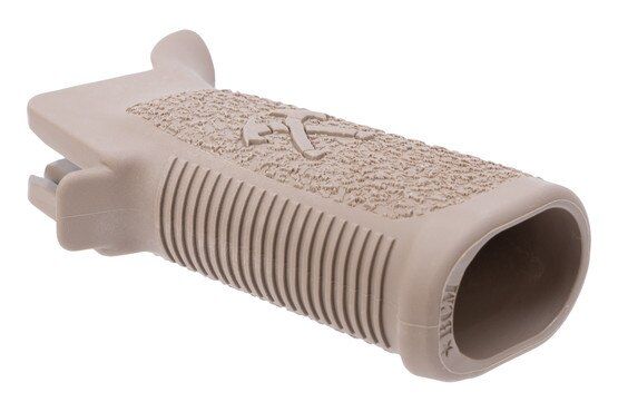 AR-15/AR-10 pistol grip with crossed tomahawk emblem.